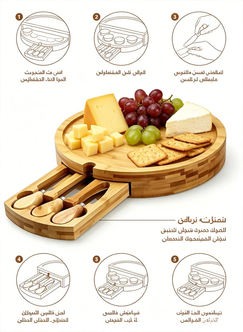 POWER Bamboo Round Serving Tray with Compartments and Cheese Knives – Multi-Layer Rotating Platter for Snacks, Fruits, Crackers & Appetizers - Image 3