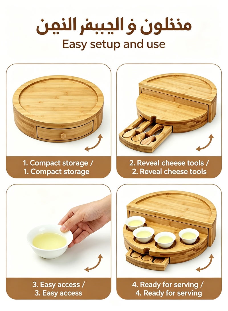 POWER Bamboo Round Serving Tray with Compartments and Cheese Knives – Multi-Layer Rotating Platter for Snacks, Fruits, Crackers & Appetizers - Image 5