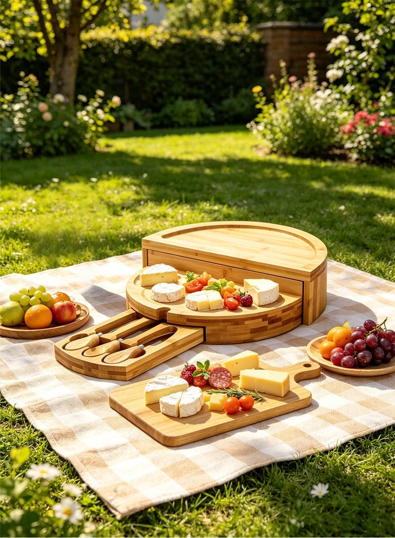 POWER Bamboo Round Serving Tray with Compartments and Cheese Knives – Multi-Layer Rotating Platter for Snacks, Fruits, Crackers & Appetizers - Image 1