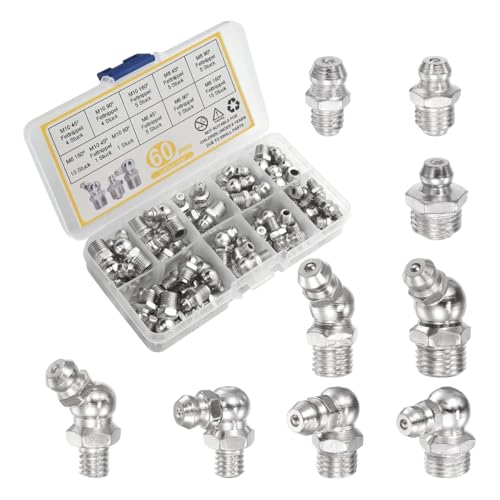 KITUREK 60PCS Metric Grease Fittings Kit, M6 M8 M10 1/4" 1/8" 45 90 Degree Grease Zerk Assortment, Straight & Angled Hydraulic Standard Grease Gun Fitting for Replacing Missing or Broken Zerk Fittings - Image 1