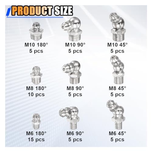 KITUREK 60PCS Metric Grease Fittings Kit, M6 M8 M10 1/4" 1/8" 45 90 Degree Grease Zerk Assortment, Straight & Angled Hydraulic Standard Grease Gun Fitting for Replacing Missing or Broken Zerk Fittings - Image 2
