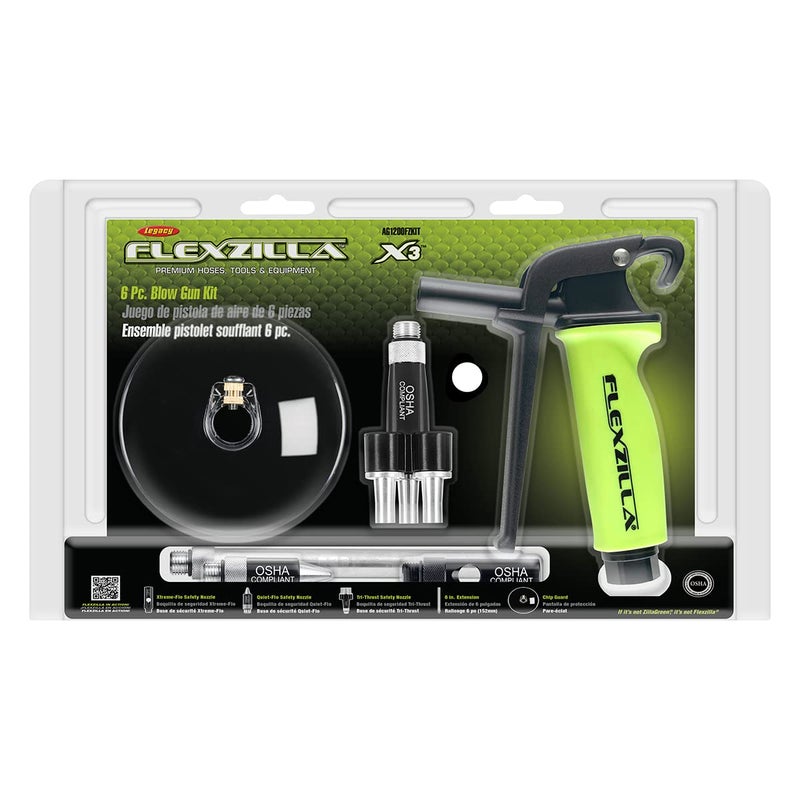 Flexzilla AG1200FZKIT Ergonomic 6 Piece Green X3 Blow Gun Kit | Regulates Air Volume | Ergonomically Superior Gun Body | Easy Storage - Image 2
