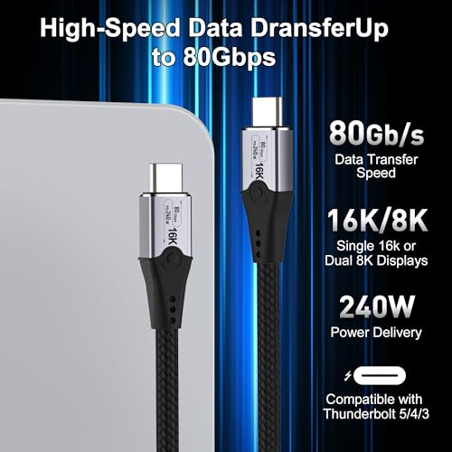 HOTUTUKI 80 Gbps Data TransferUSB 5 Cable 33 ft Supports 16KDual8K HD Display 240W Charging usb c to usb c monitor cable Compatible with Thunderbolt 5 Thunderbolt 4 USB4 Thunderbolt 3 and USBC - Image 3