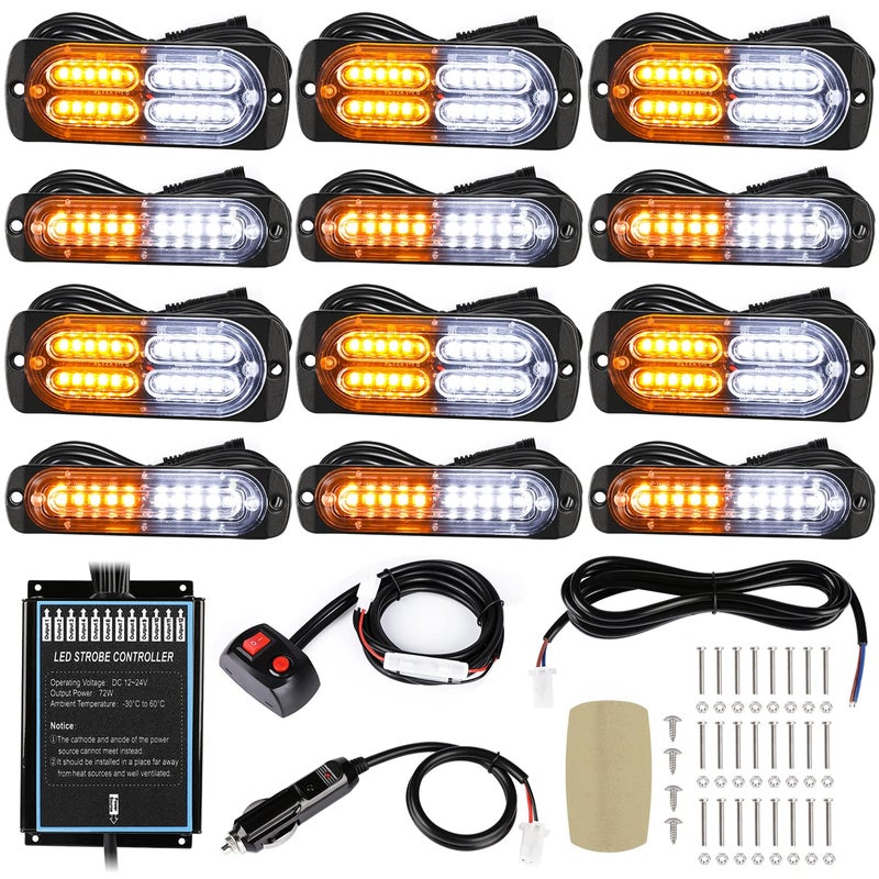 LINKITOM 12pcs Ultra Slim Sync Feature Surface Mount LED Emergency Beacon Hazard Warning Flashing Strobe Lights with Waterproof Controller and Long Heavy Cable for Car Truck Vehicle, Amber/White - Image 1