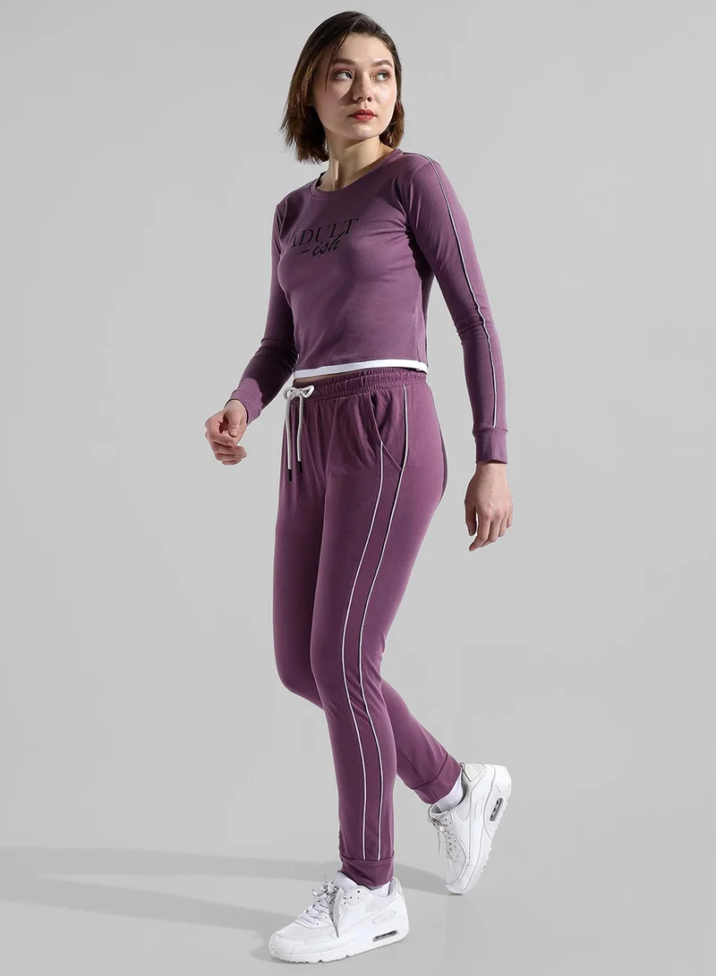 Campus Sutra Campus Sutra Women's Purple Printed Crewneck Long Sleeve Regular Fit Co-Ords Set For Casual Wear |  Clothing Set Crafted With Comfort Fit And High Performance  For Everyday Wear