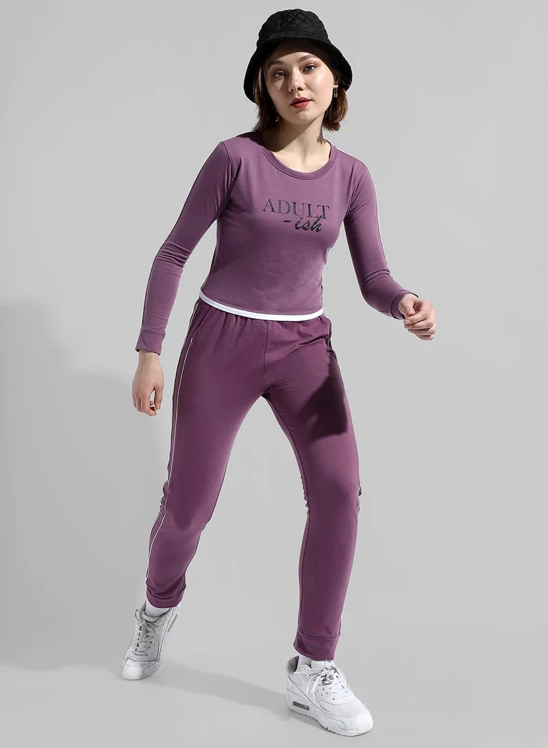 Campus Sutra Campus Sutra Women's Purple Printed Crewneck Long Sleeve Regular Fit Co-Ords Set For Casual Wear |  Clothing Set Crafted With Comfort Fit And High Performance  For Everyday Wear
