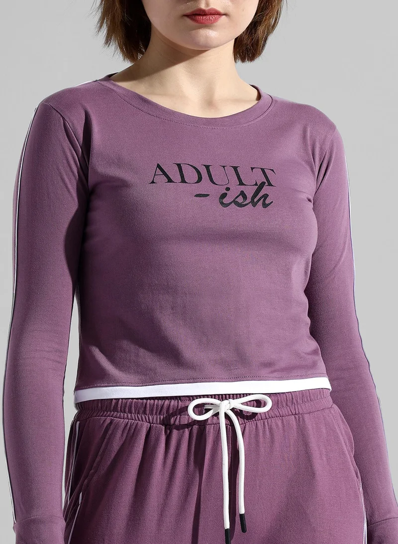 Campus Sutra Campus Sutra Women's Purple Printed Crewneck Long Sleeve Regular Fit Co-Ords Set For Casual Wear |  Clothing Set Crafted With Comfort Fit And High Performance  For Everyday Wear