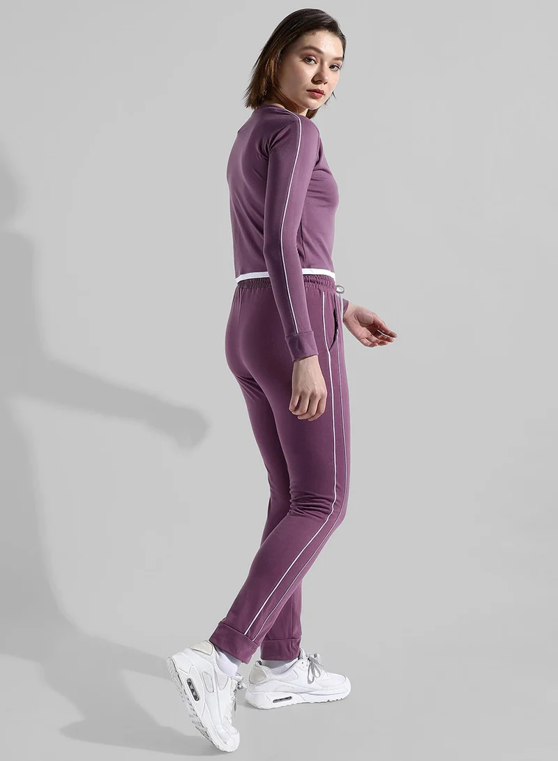 Campus Sutra Campus Sutra Women's Purple Printed Crewneck Long Sleeve Regular Fit Co-Ords Set For Casual Wear |  Clothing Set Crafted With Comfort Fit And High Performance  For Everyday Wear