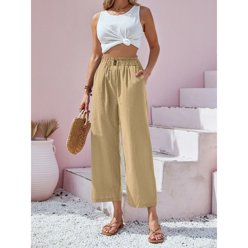 2023 Amazon new European and American cross-border womens pants high waist lotus leaf elastic waist simply cotton and linen cropped pants casual pants Black - Image 5