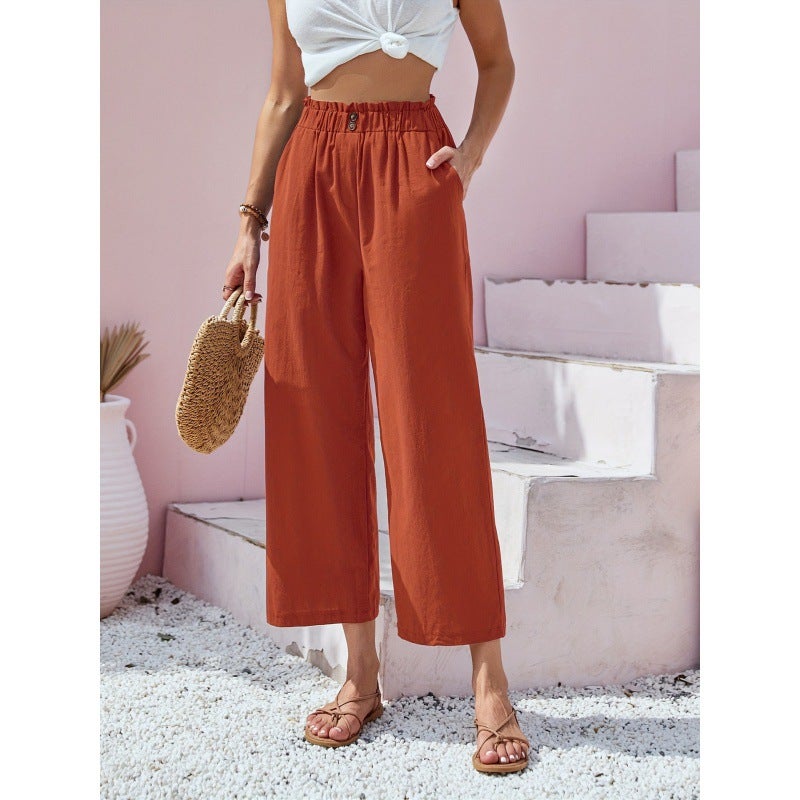 2023 Amazon new European and American cross-border womens pants high waist lotus leaf elastic waist simply cotton and linen cropped pants casual pants Black - Image 2