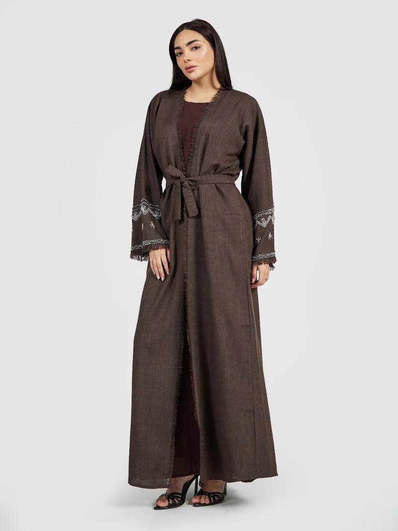 Reem Abayas Women’s Chocolate Brown Linen Abaya - Embroidered Modest Long Cardigan