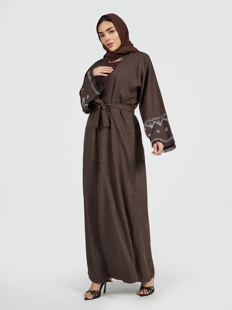 Reem Abayas Women’s Chocolate Brown Linen Abaya - Embroidered Modest Long Cardigan