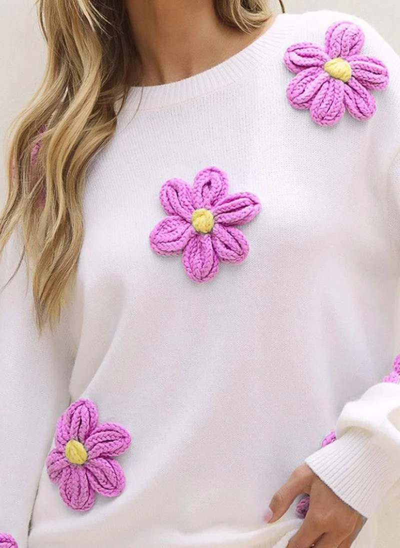 يونيكي White  Floral Embroidered  Round Neck Pullover