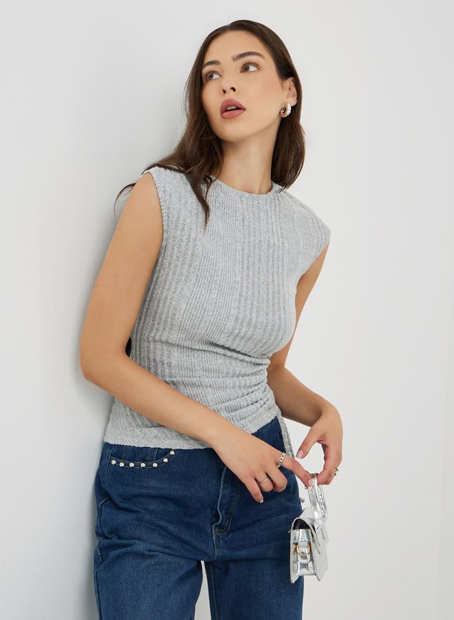 Take Two Grey Knitted Sleeveless Top with Ruched Detail - Image 1