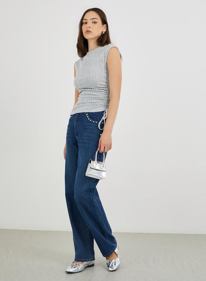 Take Two Grey Knitted Sleeveless Top with Ruched Detail - Image 2