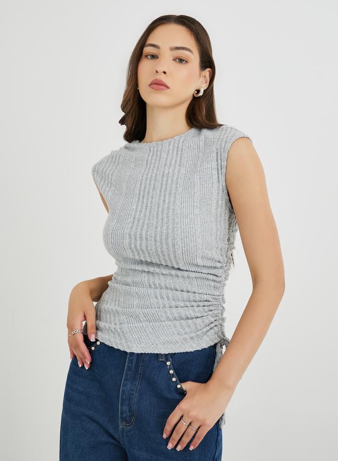 Take Two Grey Knitted Sleeveless Top with Ruched Detail - Image 3
