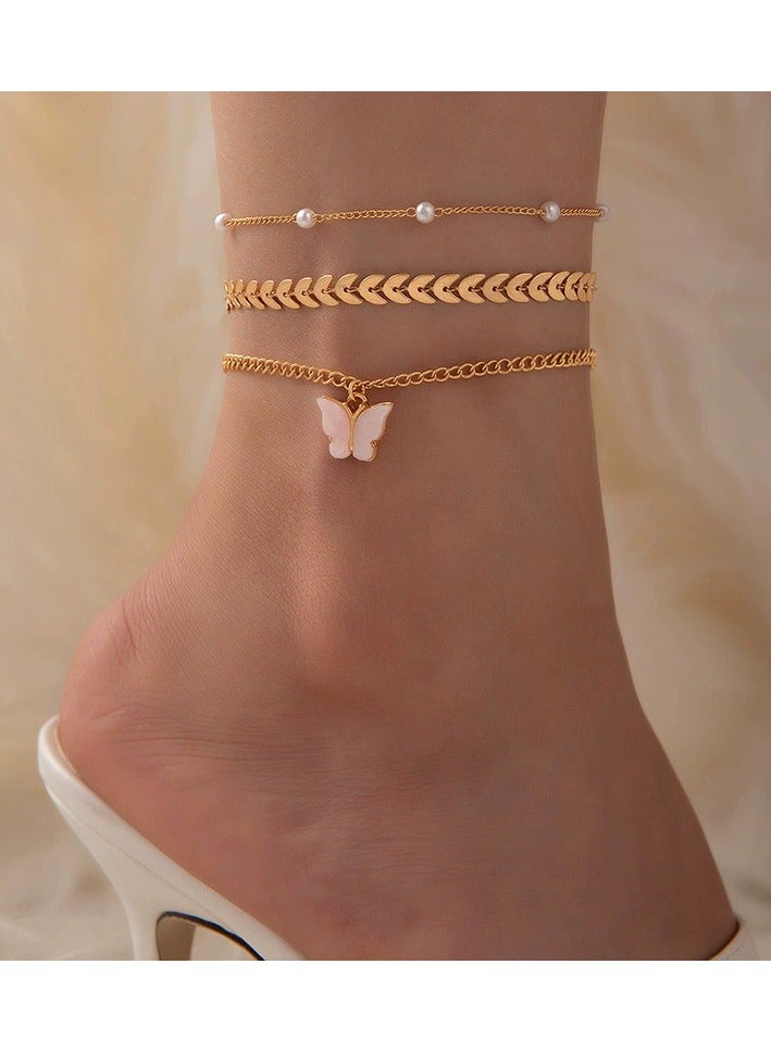 Goolsky Minimalist Butterfly Pendant Multi-Layer Pearl Airplane Chain Anklet – Triple Layered Foot Jewelry for Women, Beach/Vacation - Image 1
