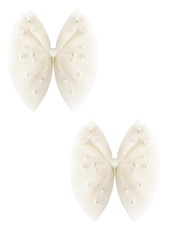 FAMEZA 2 PCS Luxury Pearl Hair Bows Hair Clips for Toddler Girls - Elegant Ivory Lace Veil Hair Accessories for Birthday, Wedding, Halloween, Thanksgiving, and Christmas Occasions(Ivory) - Image 1