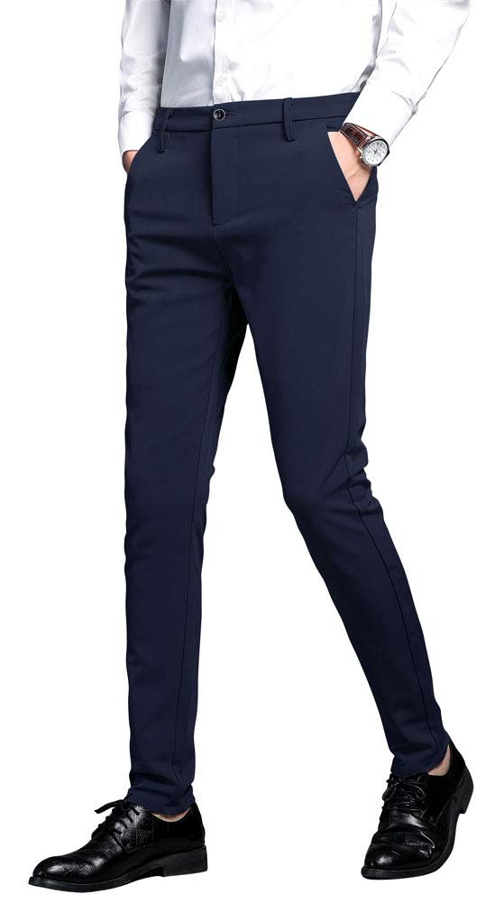Plaid&Plain Men's Stretch Dress Pants Slim Fit Skinny Suit Pants 7101 Blue 32W34L - Image 1
