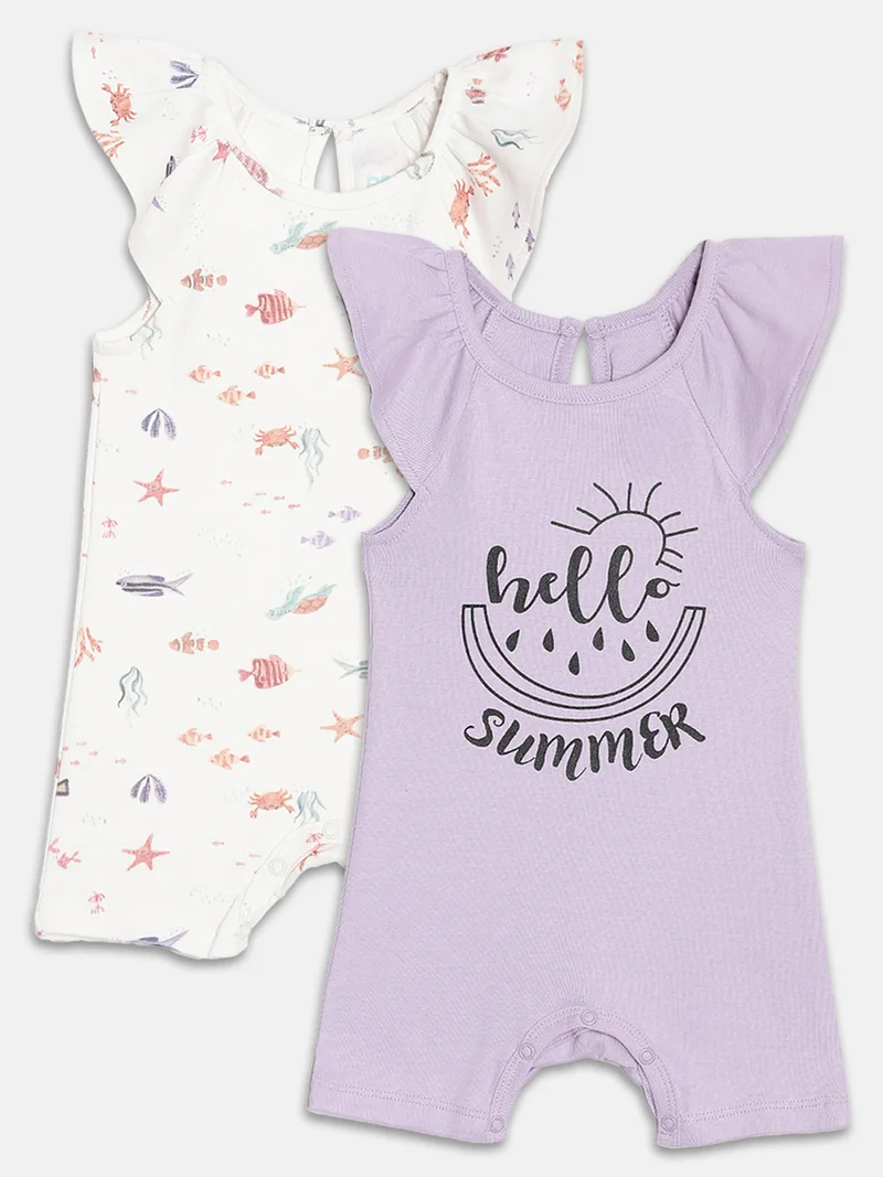 Broon Broon Infant Girls White and Purple Printed Organic Cotton Rompers Pack of 2