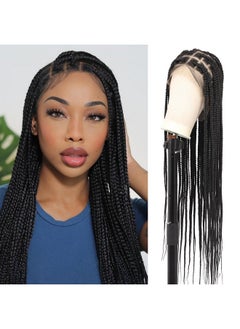 Kalyss 360° Hd Full Lace Braided Wigs For Women Knotless Braided Wig With Baby Hair Black Human Hair Blended Lace Front Box Braid Wig 36"  - Image 1