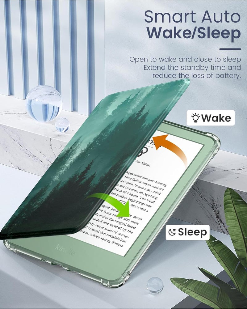 MoKo Case for 6" Kindle (11th Generation-2024/2022 Release), Ultra Clear Soft Flexible Transparent TPU Back Cover Light Shell with Auto Wake/Sleep for Kindle 11th Generation 2024, Green Forest - Image 5