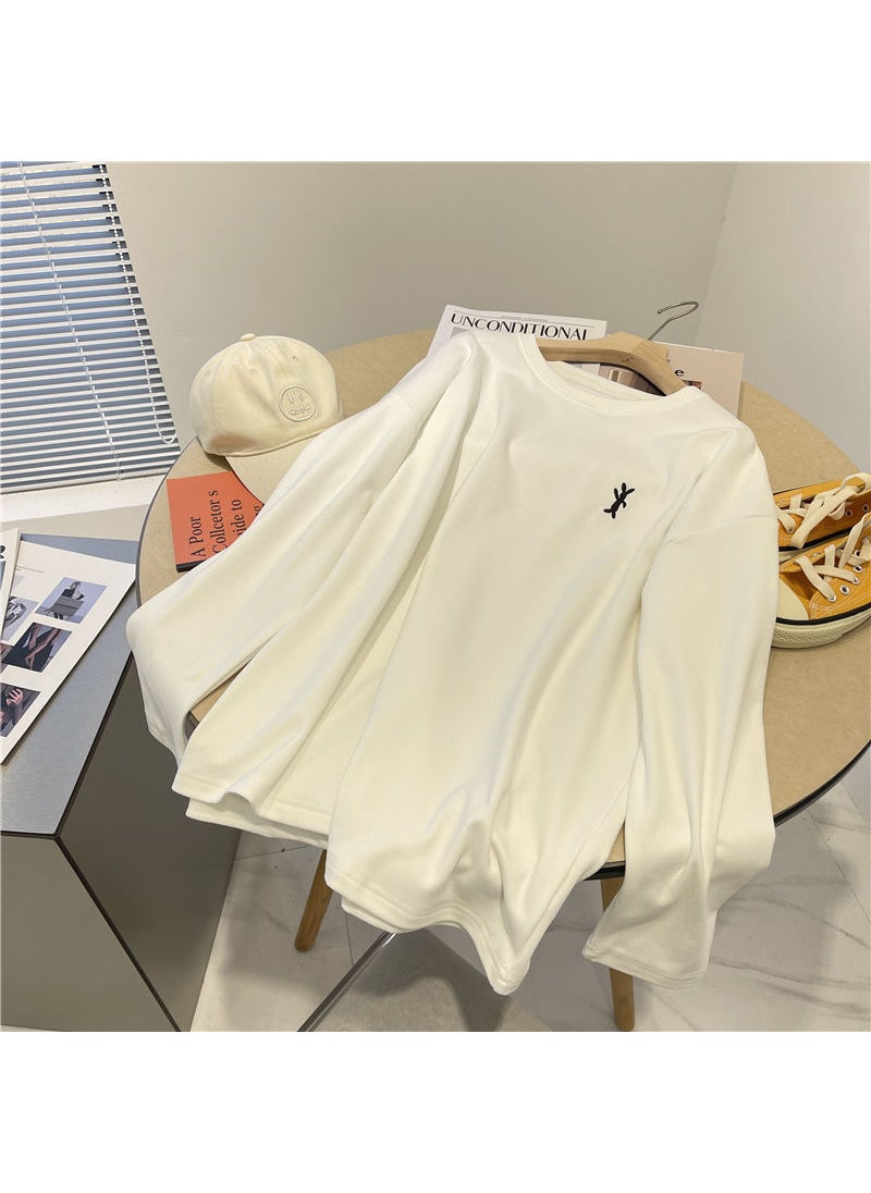 Generic - Thickened Fluffy Double-sided Velvet Embroidered Smiley Face Womens Thermal T-shirt Long Sleeve Loose Fit round Neck Base Shirt Little Rabbit - Image 1