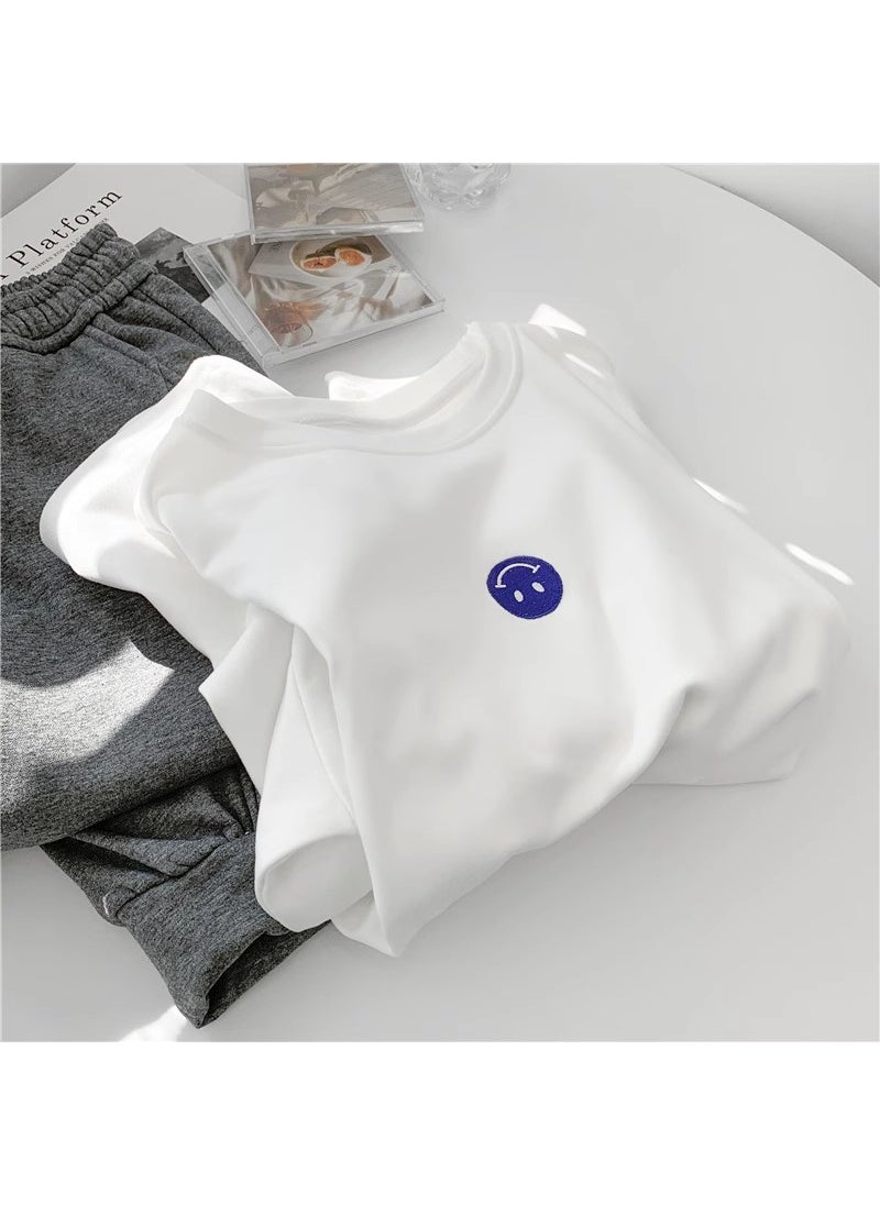 Generic - Thickened Fluffy Double-sided Velvet Embroidered Smiley Face Womens Thermal T-shirt Long Sleeve Loose Fit round Neck Base Shirt Little Rabbit - Image 1