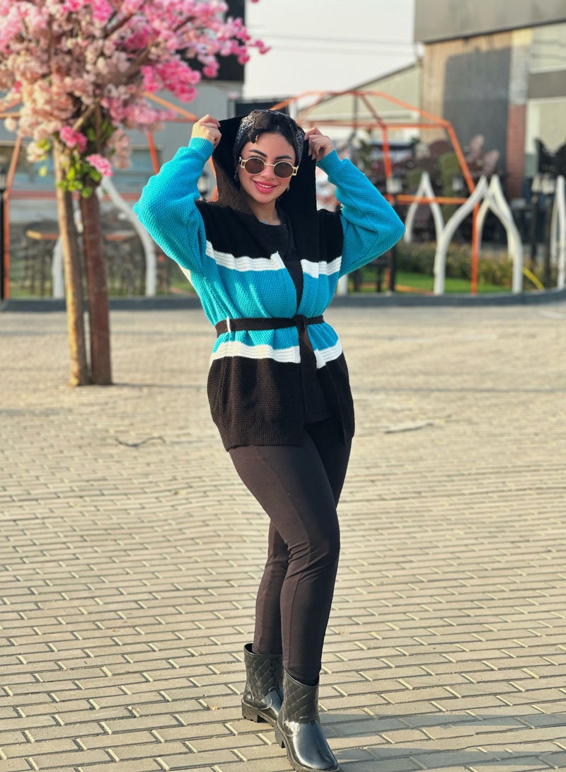 Puritopia Open Multicolor Trico Jacket With Belt Black&Turquoise - Image 1