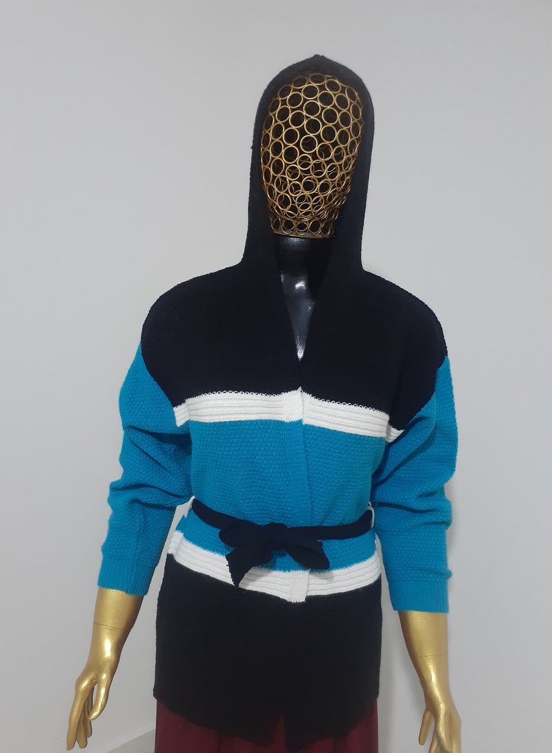 Puritopia Open Multicolor Trico Jacket With Belt Black&Turquoise - Image 4