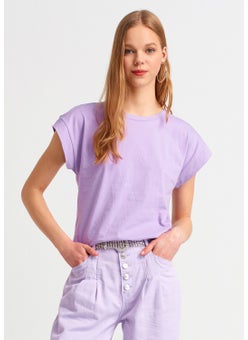 Dilvin 3504 Crew Neck Combed Cotton Blouse-Lilac  - Image 4