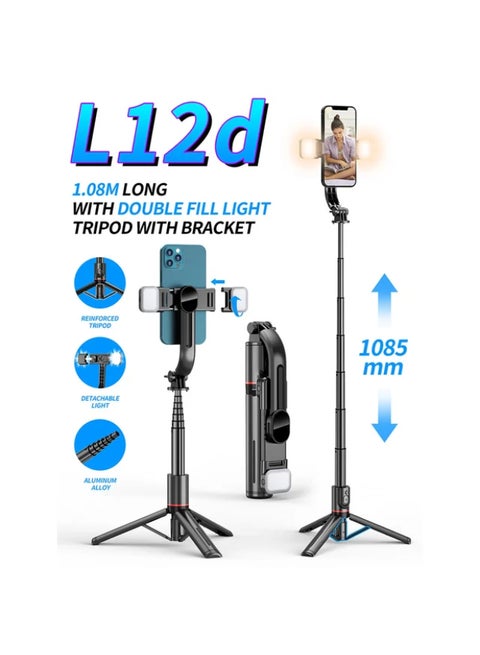42.7 Inches L12d Foldable Wireless Bluetooth Aluminum Selfie Stick Tripod with Remote Shutter Fill Light for for iPhone Android Phone, Portable Phone Camera Stand