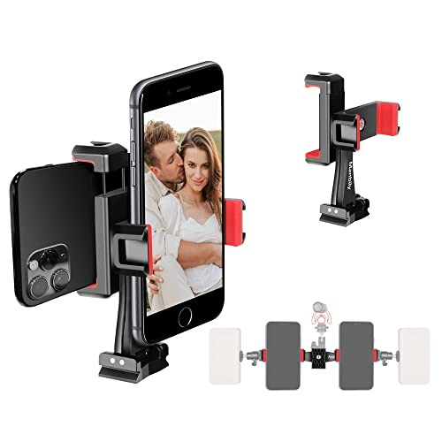 Manbily Phone Tripod Mount Adapter, 360° Rotatable Dual Cell Phone Holder Clip, Adjustable Clamp with 4 Cold Shoe, for Tripod Monopod Selfie Stick Vlog Live Streaming Video Recording - Image 1