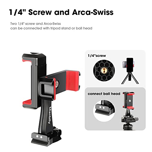 Manbily Phone Tripod Mount Adapter, 360° Rotatable Dual Cell Phone Holder Clip, Adjustable Clamp with 4 Cold Shoe, for Tripod Monopod Selfie Stick Vlog Live Streaming Video Recording - Image 4