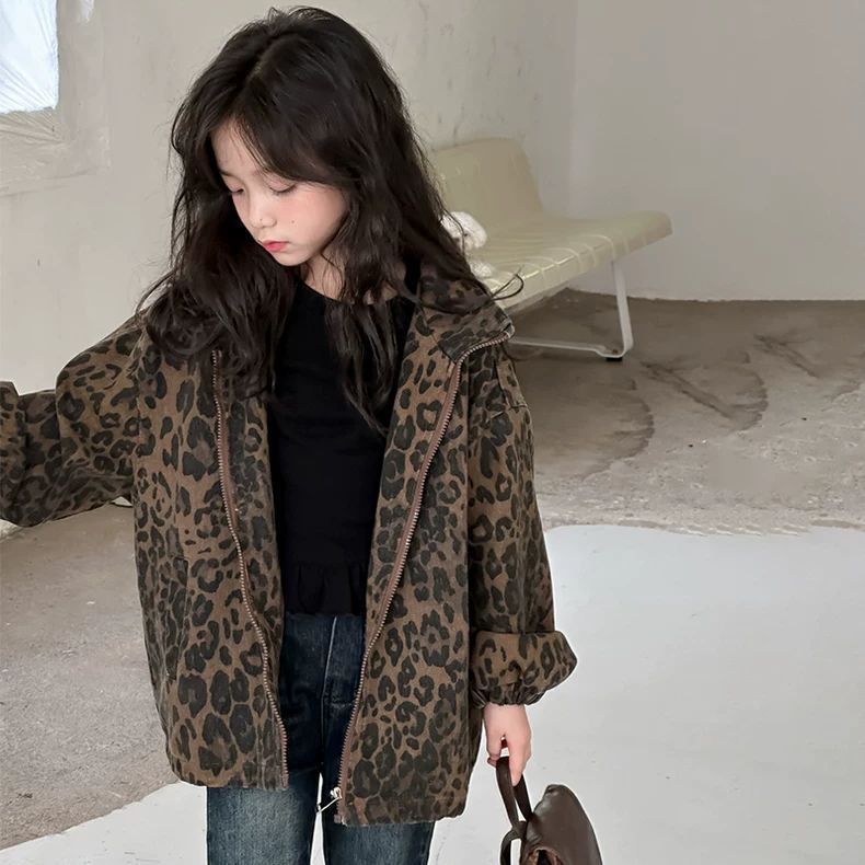 Girls Childrens Coat Autumn and Winter New Korean Style Childrens Coat Hong Kong Style Big Childrens Casual Leopard Print Coat Zipper Fried Street Leopard Print Coat 