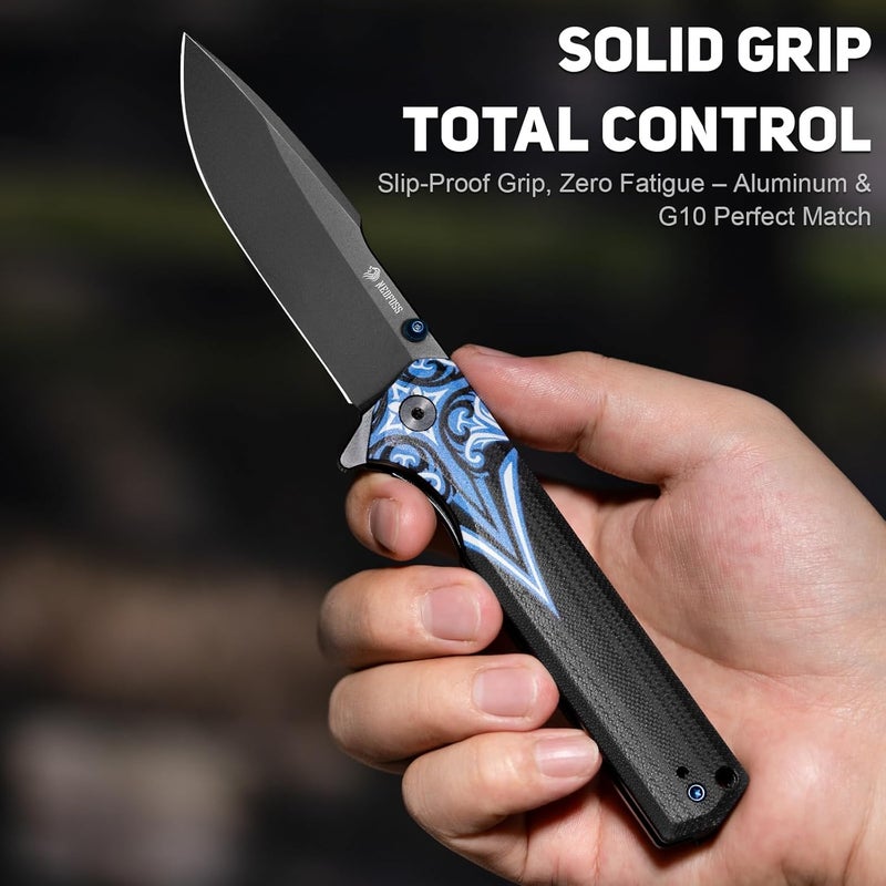 NedFoss BEAST Folding Pocket Knife for Men, 3.42" Black D2 Steel EDC Knife, Lightweight Tactical Knife with Blue Totem G10 Handle, Reversible Clip, Cool Hunting Knives for Survival Camping Gifts - Image 3