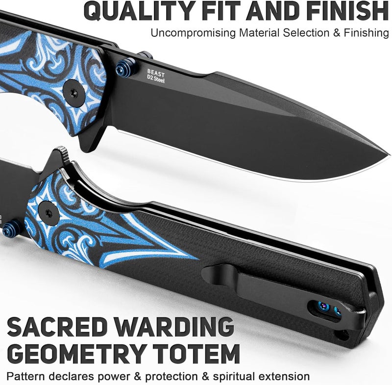 NedFoss BEAST Folding Pocket Knife for Men, 3.42" Black D2 Steel EDC Knife, Lightweight Tactical Knife with Blue Totem G10 Handle, Reversible Clip, Cool Hunting Knives for Survival Camping Gifts - Image 4