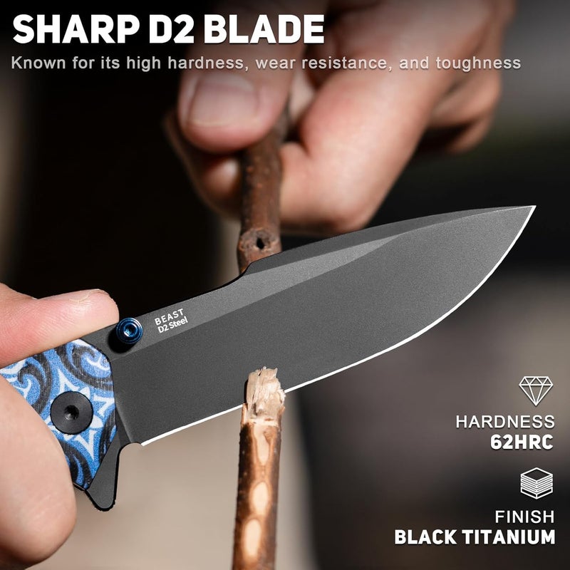 NedFoss BEAST Folding Pocket Knife for Men, 3.42" Black D2 Steel EDC Knife, Lightweight Tactical Knife with Blue Totem G10 Handle, Reversible Clip, Cool Hunting Knives for Survival Camping Gifts - Image 2