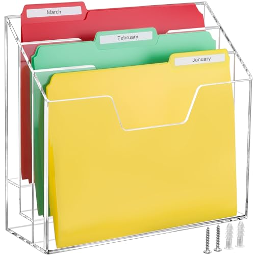 BEYGORM Acrylic File Folder Holder 3 Tiers Clear Wall Hanging Magazine Rack Desktop Large Vertical Tiered File Holder for Office and Home Upright File Storage for Desk - Image 1