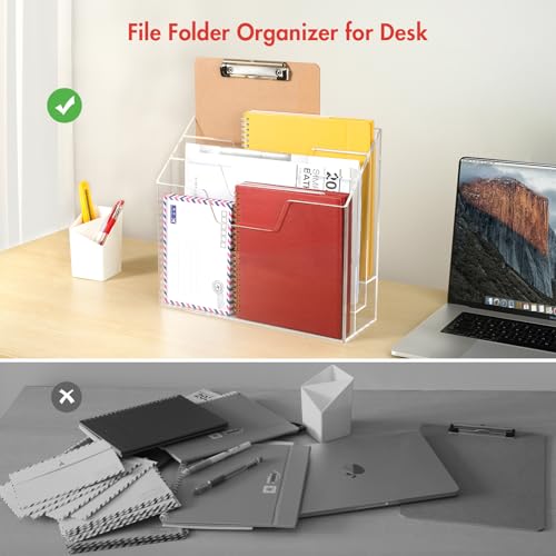 BEYGORM Acrylic File Folder Holder 3 Tiers Clear Wall Hanging Magazine Rack Desktop Large Vertical Tiered File Holder for Office and Home Upright File Storage for Desk - Image 3