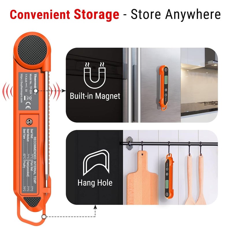 LABART ترمومتر لحوم رقمي فوري ThermoPro TP03H للشواء مقاوم للماء مع شاشة LCD ومعايرة وإضاءة خلفية لمقياس حرارة المدخن والزيت والحلويات - Image 3