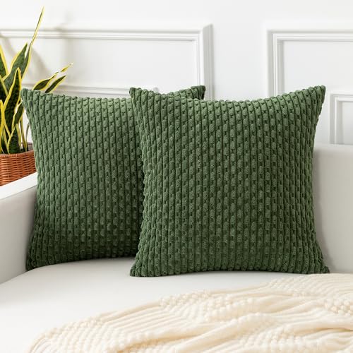 K KEVIN TEXTILE Kevin Textile Spring Throw Pillow Covers Soft Corduroy Decorative Set of 2 Boho Striped Pillow Covers Pillowcases Farmhouse Home Decor for Couch Bed Sofa Living Room 18x18 Inch Moss Green - Image 1