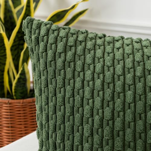 K KEVIN TEXTILE Kevin Textile Spring Throw Pillow Covers Soft Corduroy Decorative Set of 2 Boho Striped Pillow Covers Pillowcases Farmhouse Home Decor for Couch Bed Sofa Living Room 18x18 Inch Moss Green - Image 3