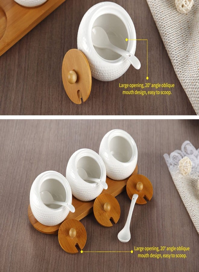 Mockery Porcelain Condiment Jar Spice Container with Bamboo Lids, Ceramic Spoons and Wooden Serving Tray, Pottery Cruet Pot for Sugar, Spice, Salt For Kitchen, Ceramic Seasoning Box Set (Set of 3) - Image 4
