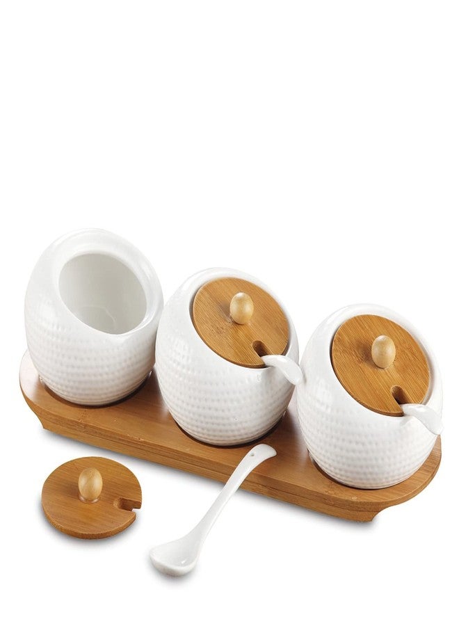 Mockery Porcelain Condiment Jar Spice Container with Bamboo Lids, Ceramic Spoons and Wooden Serving Tray, Pottery Cruet Pot for Sugar, Spice, Salt For Kitchen, Ceramic Seasoning Box Set (Set of 3) - Image 1
