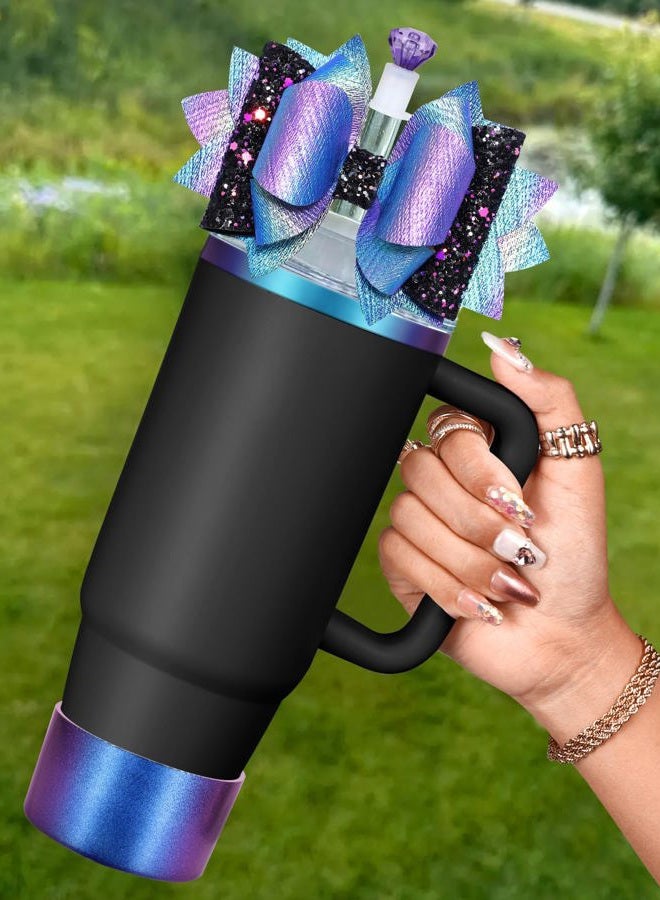 Toykee Bow Straw Topper with Cup Bootfor Stanley 40 30 oz - Bling Glitter Dark Purple Bow and Diamond Cover Caps with Bottom Protector 3 PCS Sets for Tumbler Accessories - Image 1