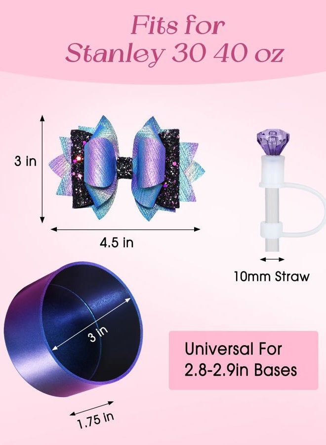 Toykee Bow Straw Topper with Cup Bootfor Stanley 40 30 oz - Bling Glitter Dark Purple Bow and Diamond Cover Caps with Bottom Protector 3 PCS Sets for Tumbler Accessories - Image 2