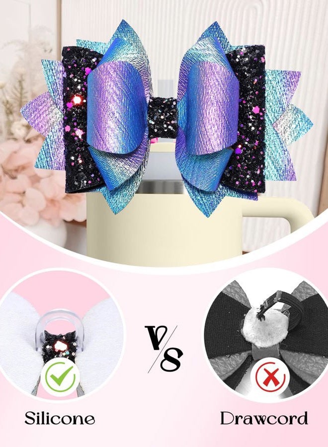 Toykee Bow Straw Topper with Cup Bootfor Stanley 40 30 oz - Bling Glitter Dark Purple Bow and Diamond Cover Caps with Bottom Protector 3 PCS Sets for Tumbler Accessories - Image 3