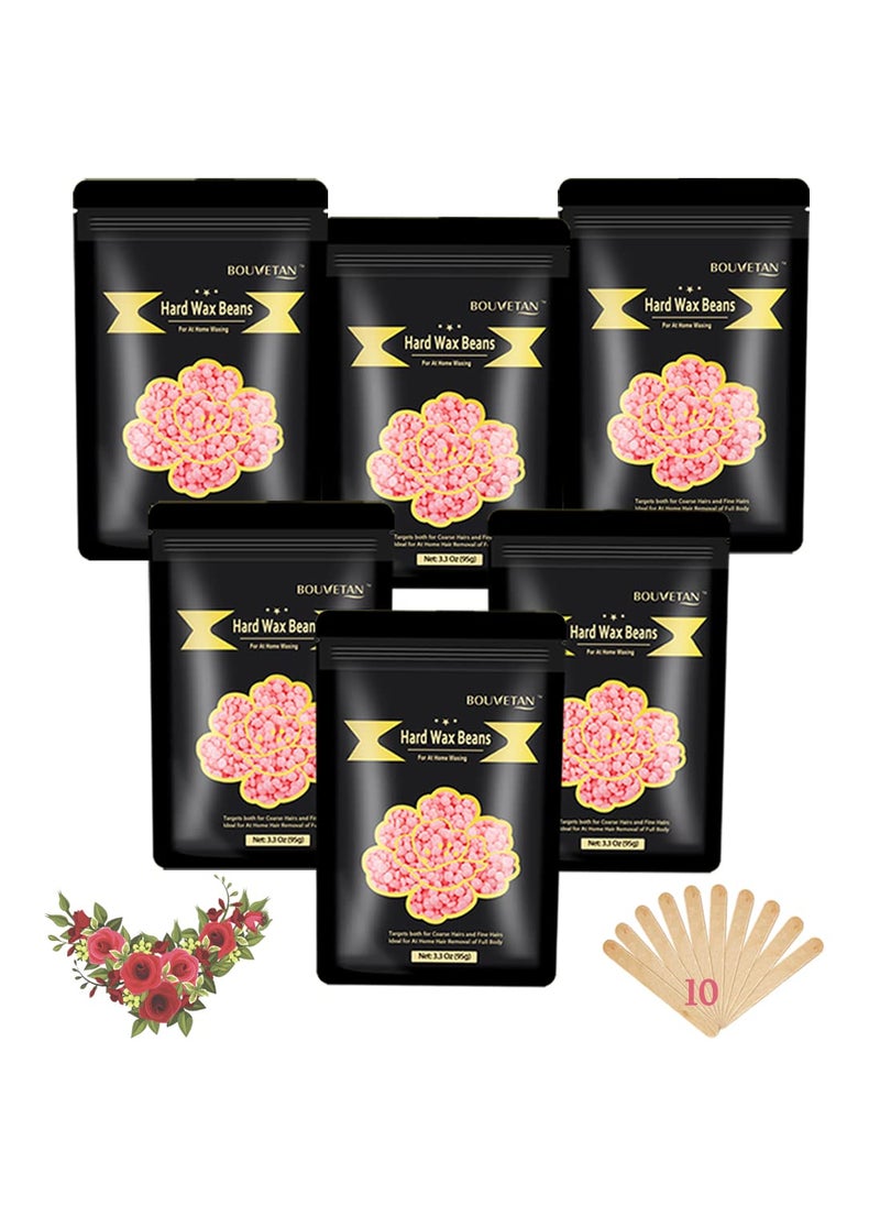 Bouvetan Hard Wax Beads 1.3Lb/21oz for Brazilian, Eyebrow, Bikini, Face, Arms, and Legs Waxing - 6 Packs with 10 Wax Spatulas for Women and Men 