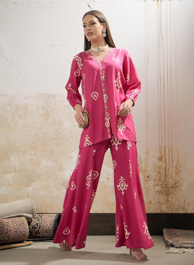 SASSAFRAS Pink and White Ethnic Rayon Shirt with Palazzos Set - Image 1